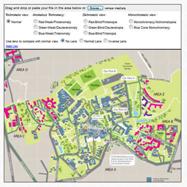 This is an image of the University of Exeter’s campus map has been uploaded to Coblis. Coblis then gives the option to see this image as people with various forms of colour blindness would view it.
