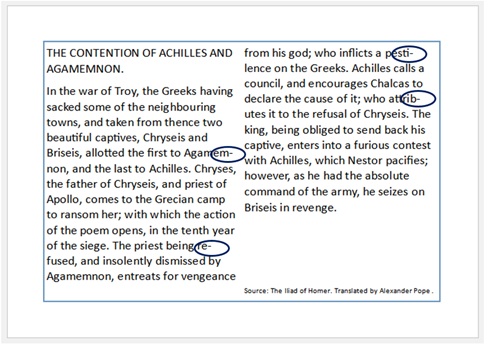This shows the passage of text from the beginning of the Iliad is reproduced in Publisher. It is inaccessible in a number of ways. Publisher automatically adds hyphens to words that do not fit on a single line, this makes it very difficult to read students who dyslexic. This particular example also has the title that is in all capitals and the text is split between two columns; both of these characteristics add to this example’s inaccessibility. 