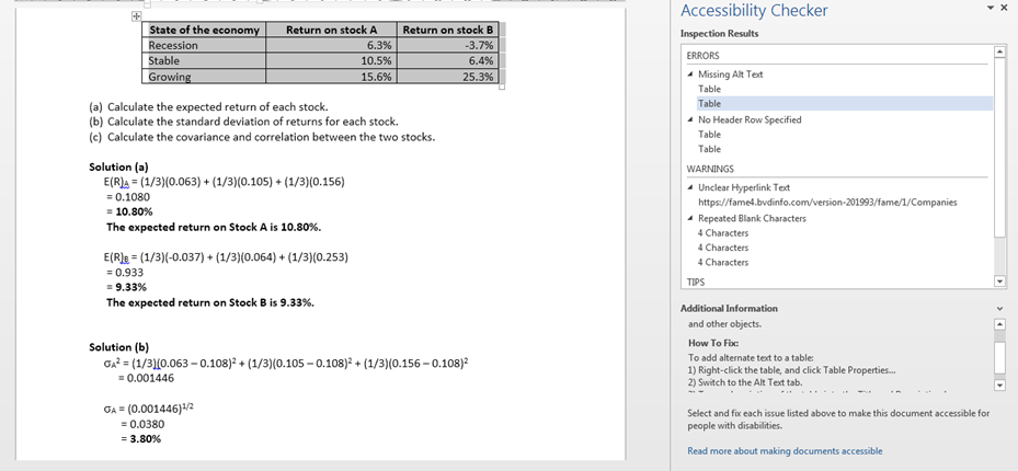 This image shows page in Word with the accessibility checker dialogue open.