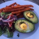 Grilled Avocado with Egg Yolk, and some crispy sweet potato fries