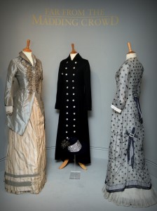 Costumes worn by Carey Mulligan as Bathsheba Everdene, in the wedding scenes of the recent film, Far from the Madding Crowd, on display at the Dorset County Museum, Dorchester, until 8th June 2015. in the film. There is the smart dress and hat of the runaway wedding day, the gold striped silk dress and embroidered silk jacket of her homeward journey, and a dress worn at the wedding party. Jonathan North / Dorset County Museum © 2015 