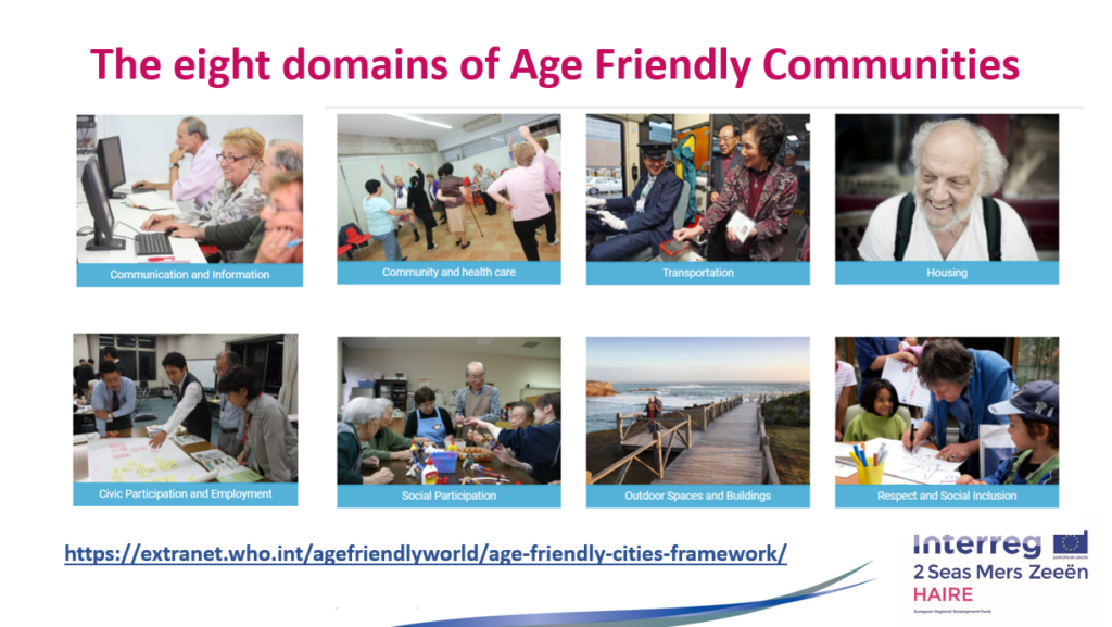 The eight domains of Age Friendly Communities are illustrated. They are: Communication and Information, Community and Healthcare, Transportation, Housing, Civic Participation and Employment, Outdoor Spaces and Buildings, and Respect and Social Inclusion. 