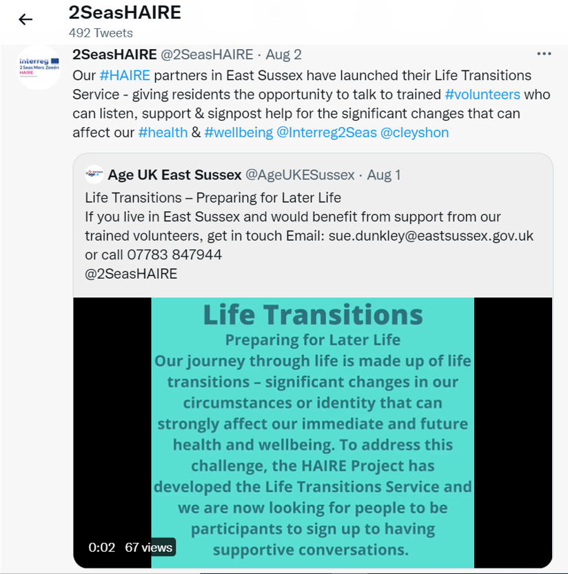 A tweet describing the Life Transitions service briefly and calling for volunteers
