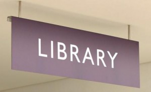 LIBRARY sign hanging