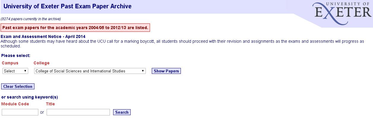 Screenshot of exam papers database