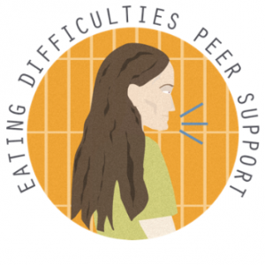 Logo for the Eating Difficulties Peer Support Group at Exeter, showing a brunette woman in a green t-shirt peaking against an orange background.